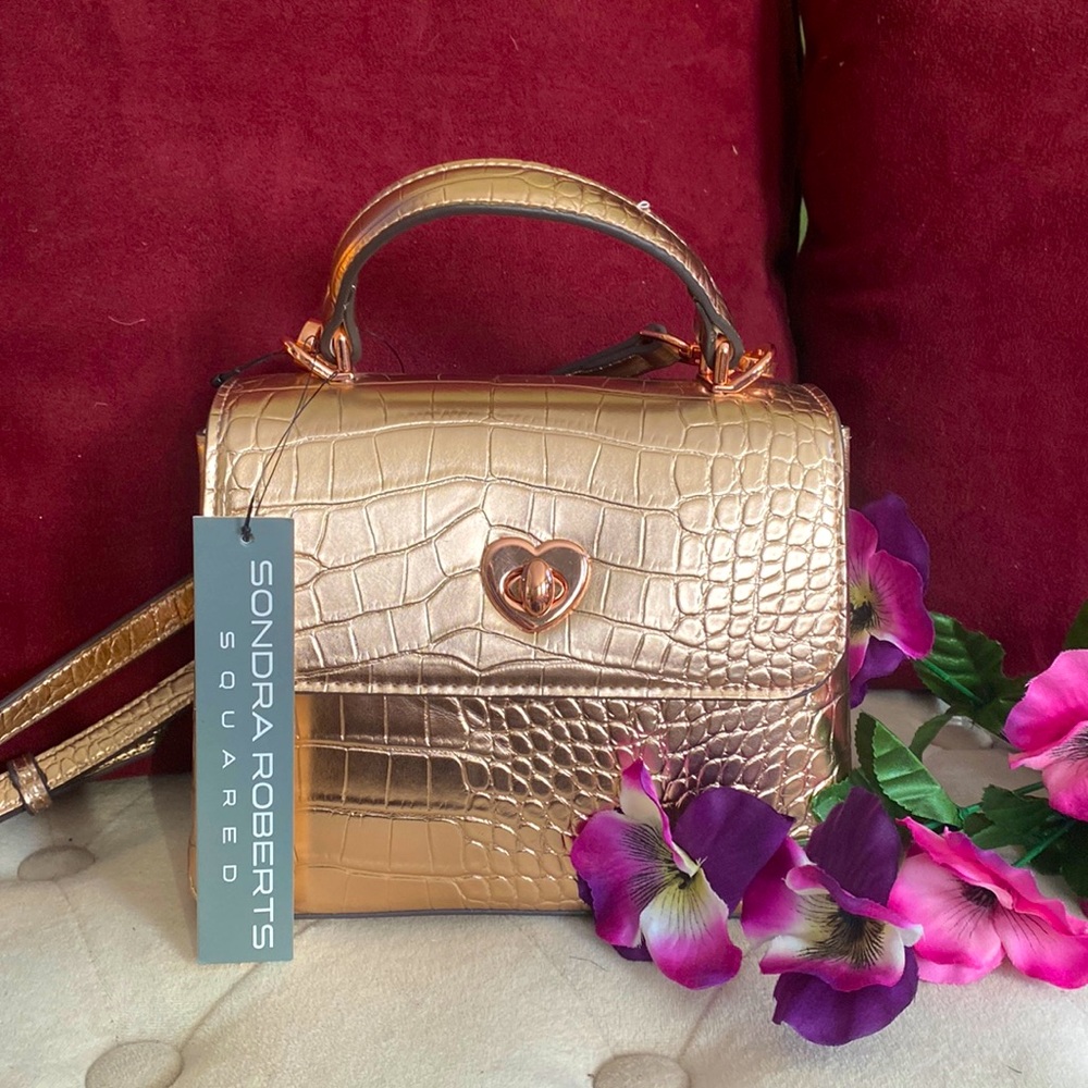 Sondra Roberts Metallic Gold Croc-Embossed Top-Handle Bag